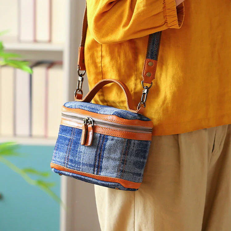 Small Denim Canvas Shoulder Bag-Retro Box Crossbody Purse with Adjustable Leather Strap