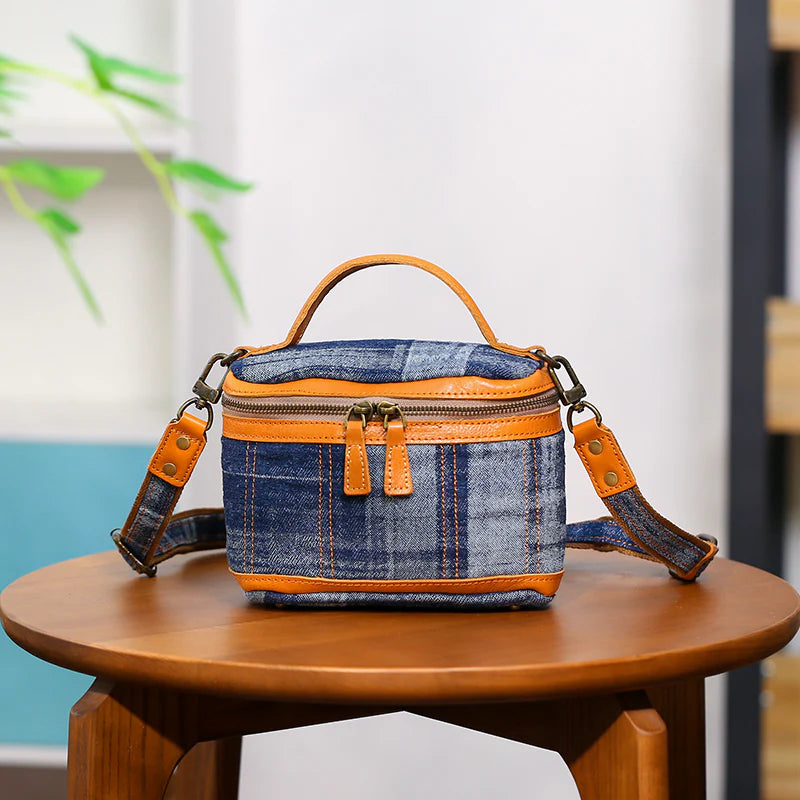 Small Denim Canvas Shoulder Bag-Retro Box Crossbody Purse with Adjustable Leather Strap