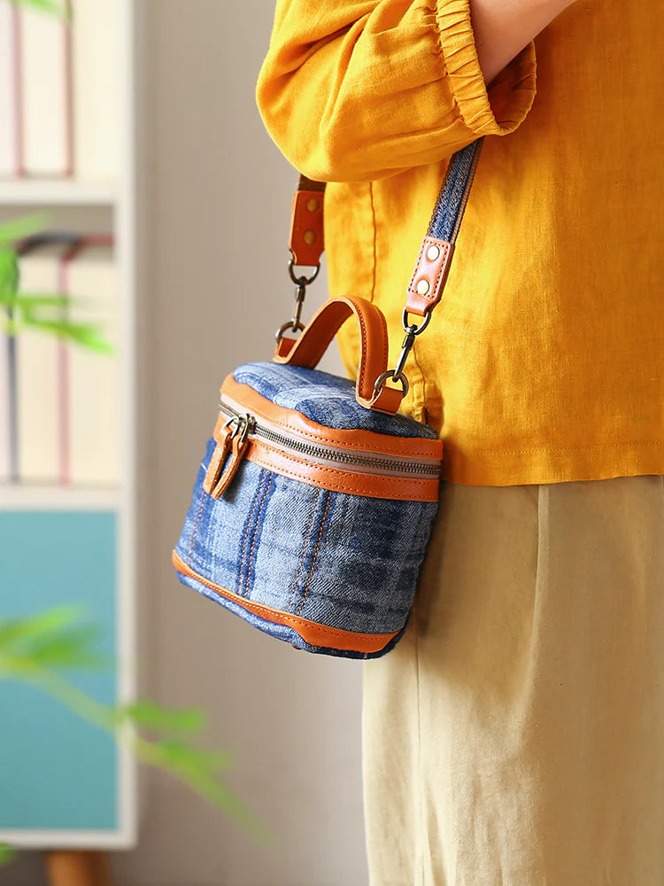 Small Denim Canvas Shoulder Bag-Retro Box Crossbody Purse with Adjustable Leather Strap