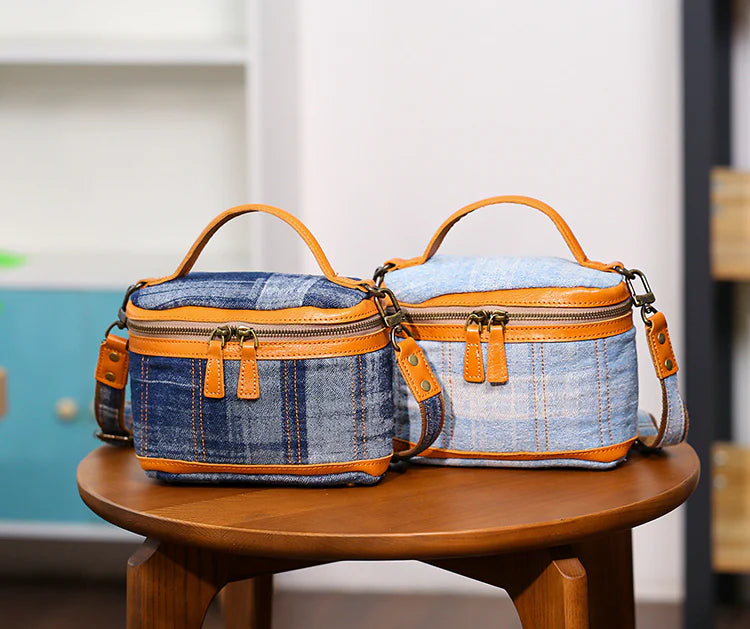 Small Denim Canvas Shoulder Bag-Retro Box Crossbody Purse with Adjustable Leather Strap