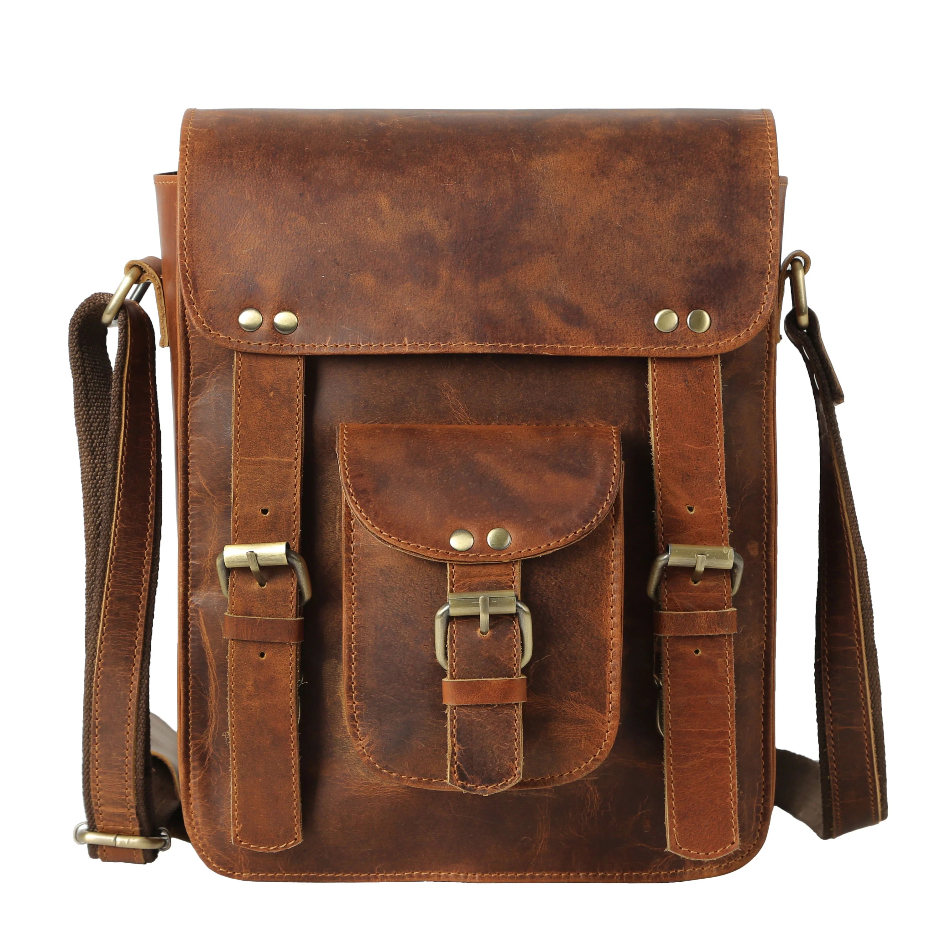 Genuine Leather 11 Inch Crossbody Satchel Bag – Vertical Shoulder Bag with Front Pocket, Zipper Compartments & Tablet Sleeve | Handmade Small Messenger Purse for Men & Women