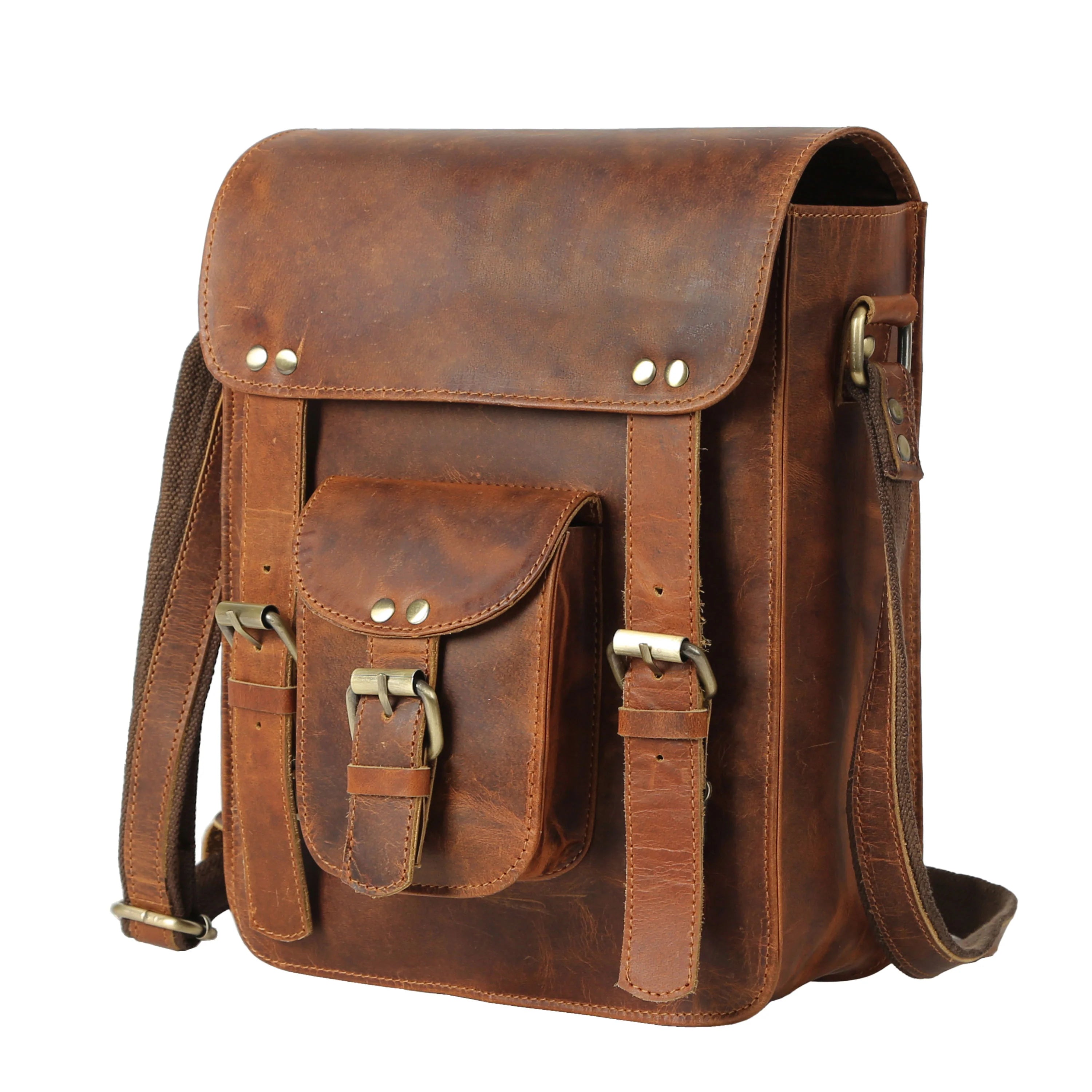 Genuine Leather 11 Inch Crossbody Satchel Bag – Vertical Shoulder Bag with Front Pocket, Zipper Compartments & Tablet Sleeve | Handmade Small Messenger Purse for Men & Women